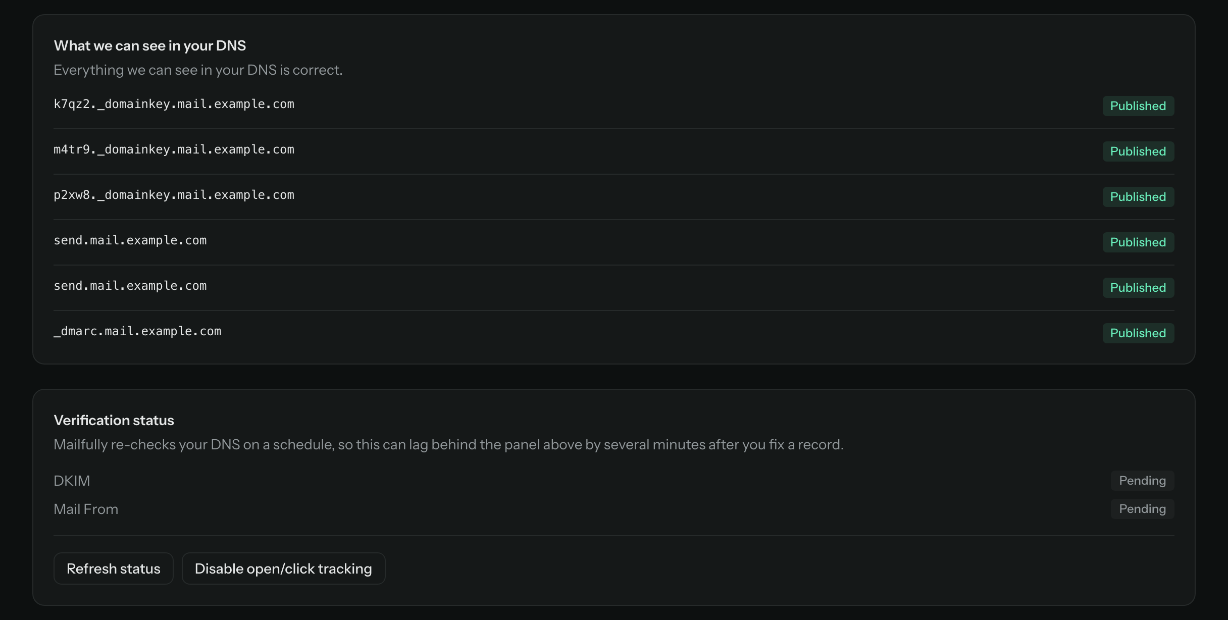 The Mailfully DNS check showing each record as Published, while the DKIM and Mail From verification status is still Pending
